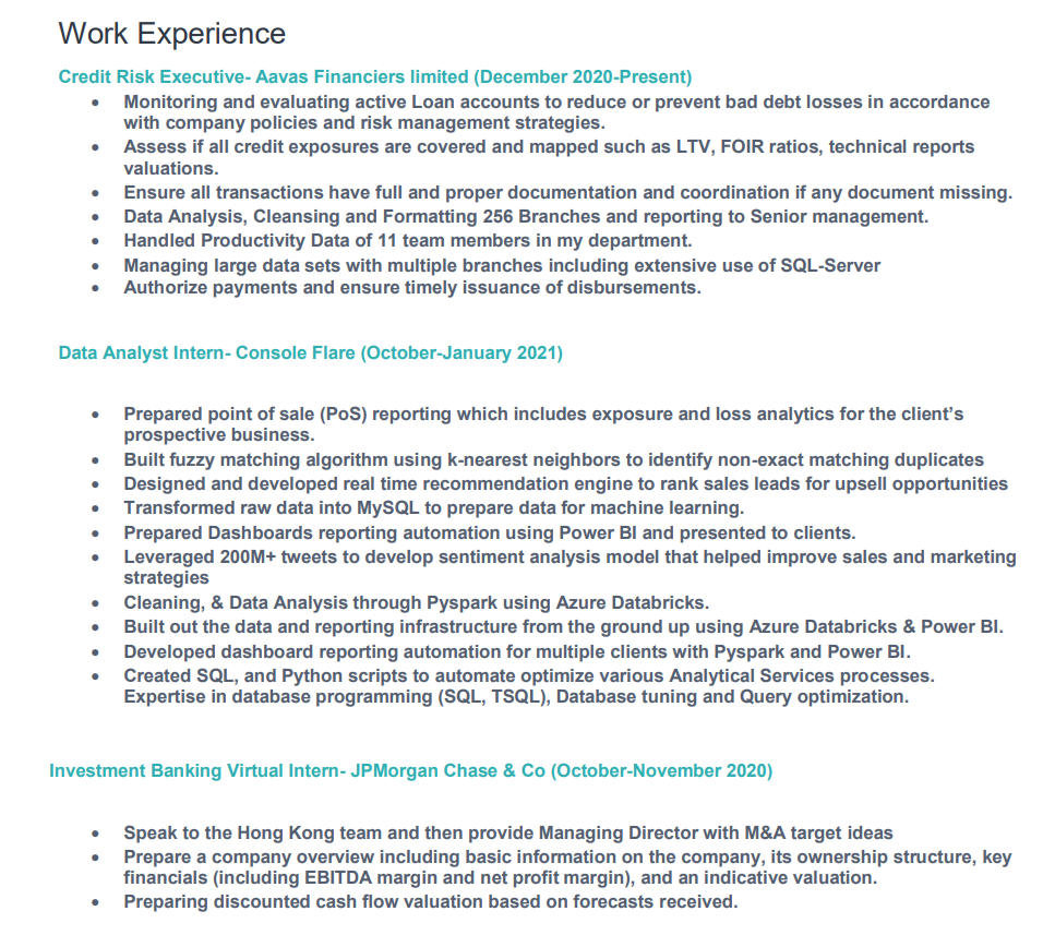 data scientist resume - work experience
