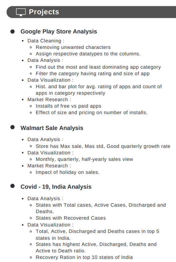 data scientist resume - projects