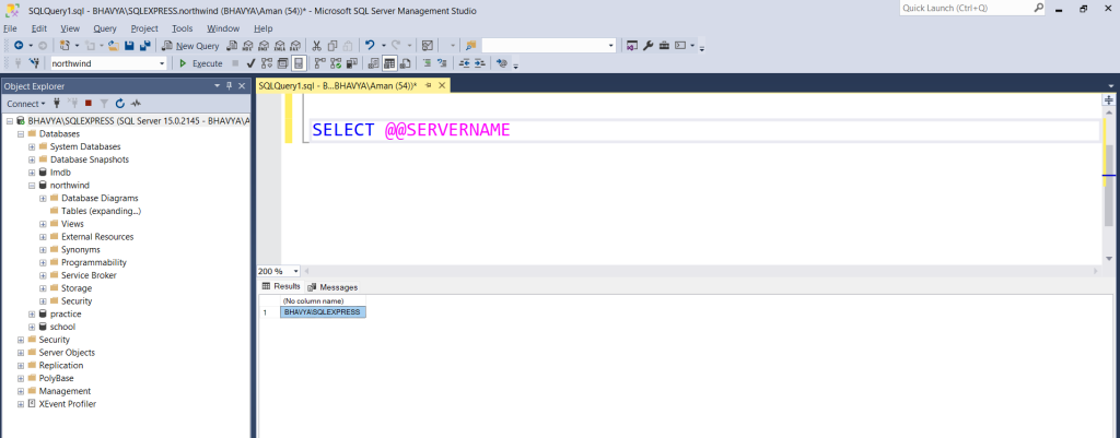 SQL Server Management Studio checking server name with SELECT @@SERVERNAME query