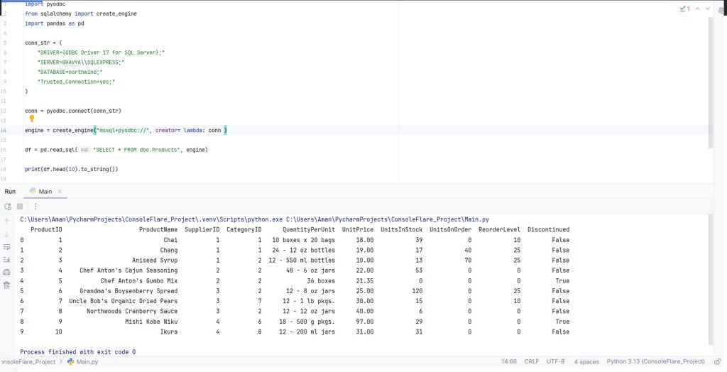 Python script using pandas, pyodbc, and SQLAlchemy to connect SQL Server and display product data in DataFrame